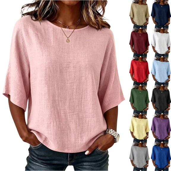 Tops for Women Dressy Casual Loose 3/4 Sleeve Shirts Lightweight Crewneck Beach Vacation Outfits Wine 2XL