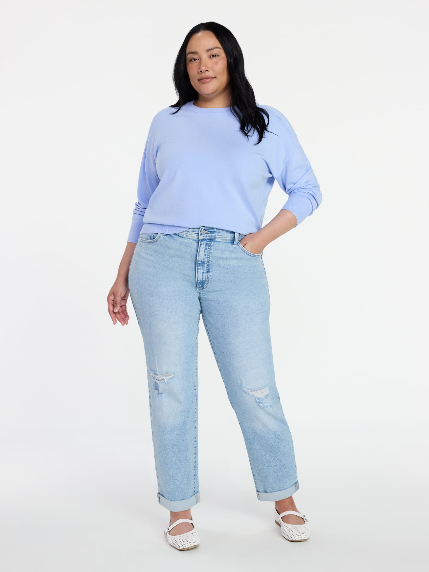 Time and Tru Women's Crewneck Sweater with Long Sleeves, Lightweight, Sizes XS-XXXL