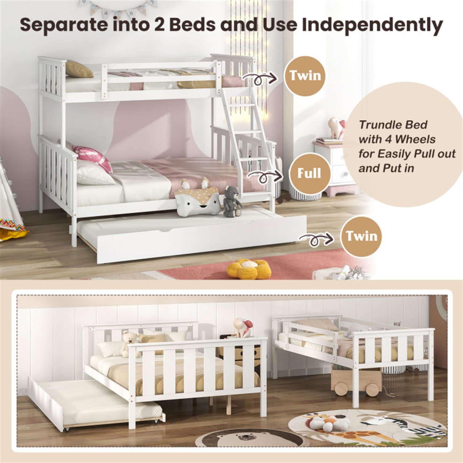 Demi Bonn 3-in-1 Twin Over Full Bunk Bed with Trundle and Ladder, Twin Bunk Beds, Bunk Beds, White