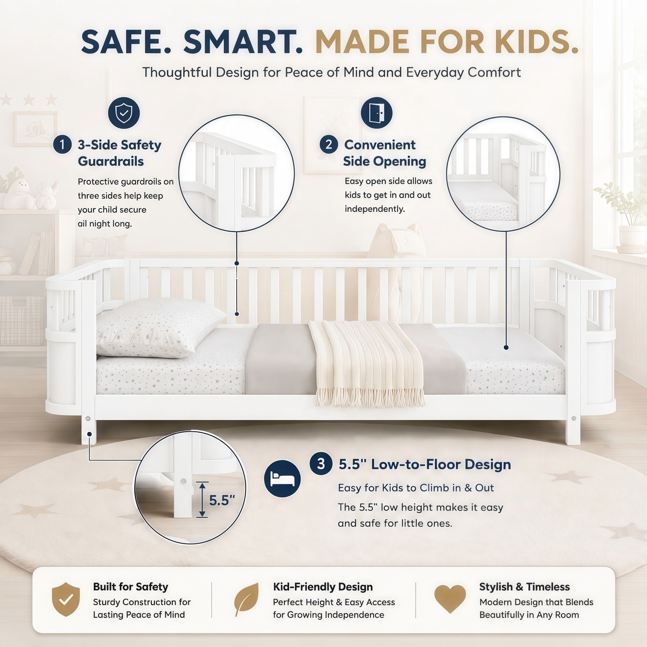 GDF Studio Darpel Full Size Wooden Montessori Bed Frame with Guard Rails, Pine Wood Low-Profile Floor Kids Bed, White