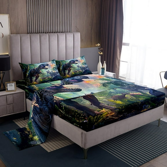 3D Realistic Dinosaur Sheet Set ,Tropical Jungle Wild Animals Sheets Dino Bed Sheets Set Twin,Paleontology Dinosaurios Flat Fitted Sheet Room Decor