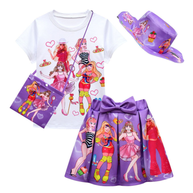 Robe d'Été pour Enfants Cosplay Adorable Jupe Plissée à Manches Courtes Sac Chapeau Ensemble de Quatre Pièces