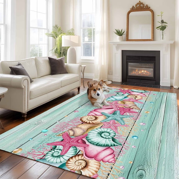 5'x8' Area Rugs, Pink Starfish Ocean Indoor Outdoor Area Rug for Living Room Bedroom, Coastal Conch Green Wood Plank Farm Washable Bathroom Rugs Kitchen Floor Carpet Mats Home Decor Aesthetic