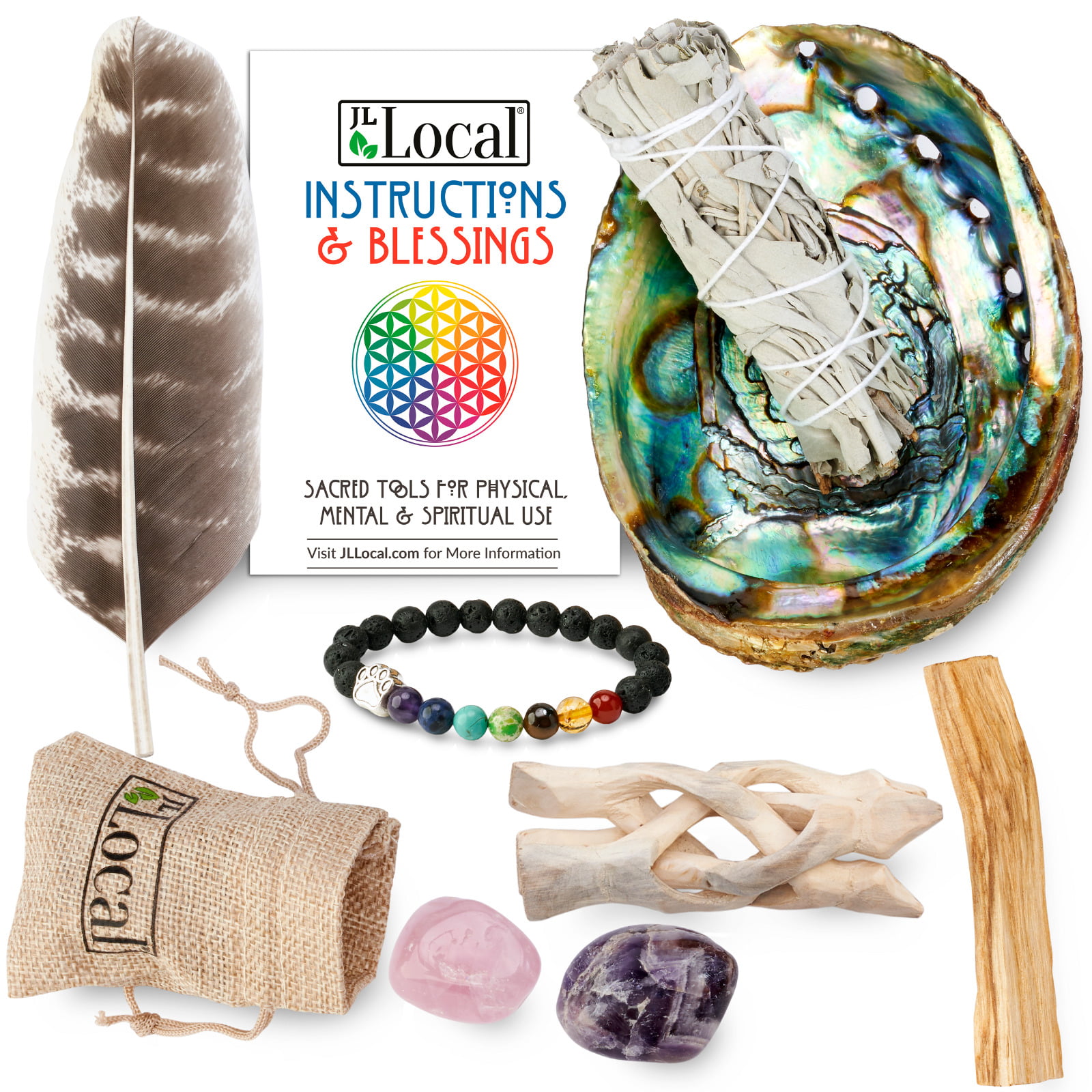 SAGE WHITE SMUDGING KIT ABALONE SHELL FEATHER AND SAGE SMUDGE CLEANSING REMOVAL 