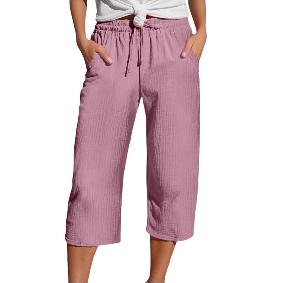 JJHGVB Cropped Trouser Pleated Pocket Capri Pants Classic pantalones capri Elastic Waist Womens Crop Pants women's capris mid-calf length Slacks Cropped Lounge Trousers Wide Leg Z2- L