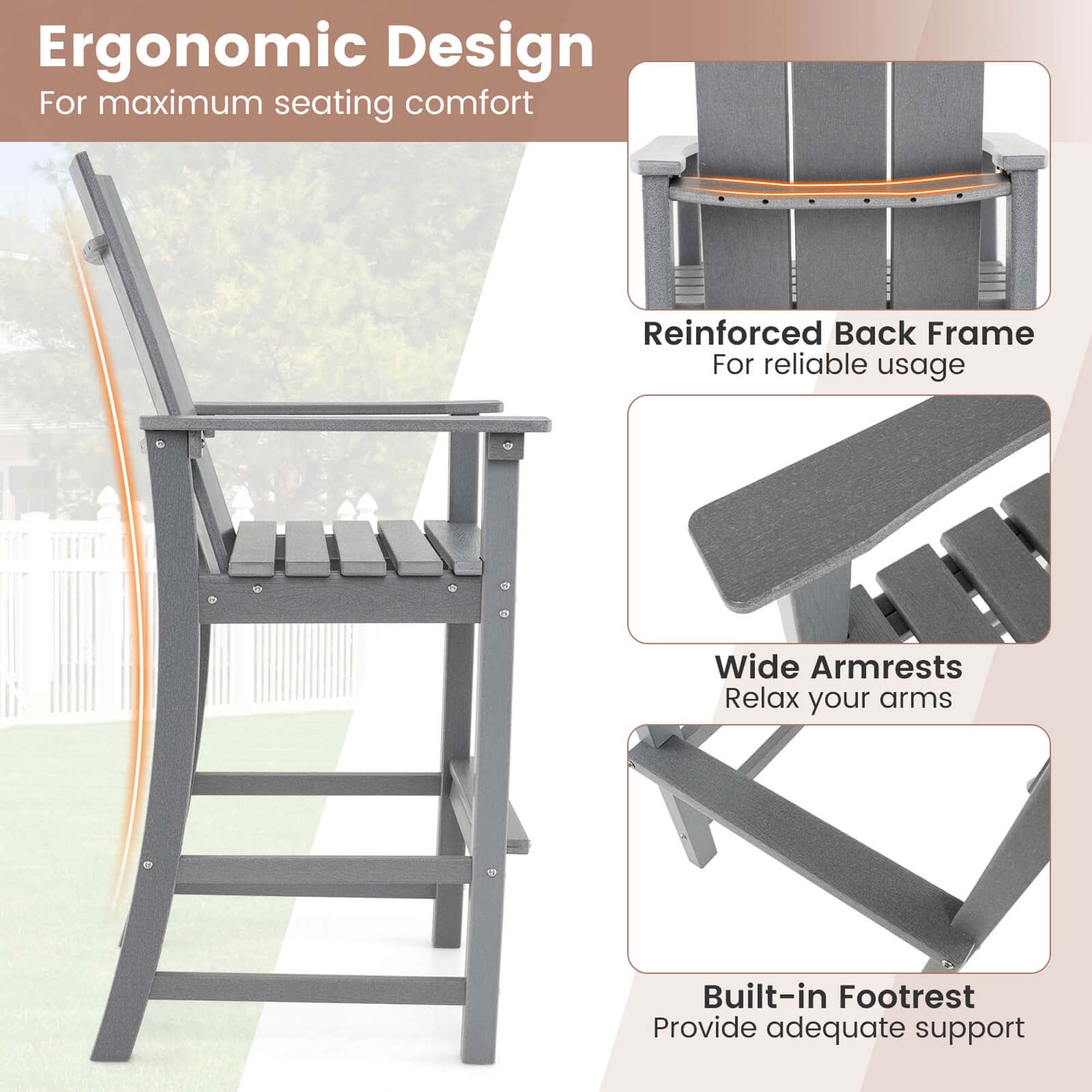 Costway Tall Adirondack Chair with Ergonomic Backrest Armrests & Footrest for Backyard Gray