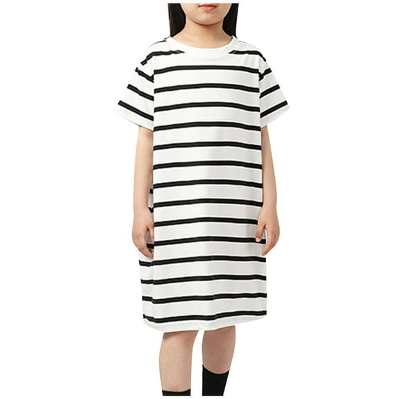 YABCSAZ Girl's Summer Dresses 2025 Short Sleeve Dress Round Neck Casual Loose Baby Girl Dress Striped Midi Dresses Kids Trendy Outfits Big Girls Everyday Dress Size 7T