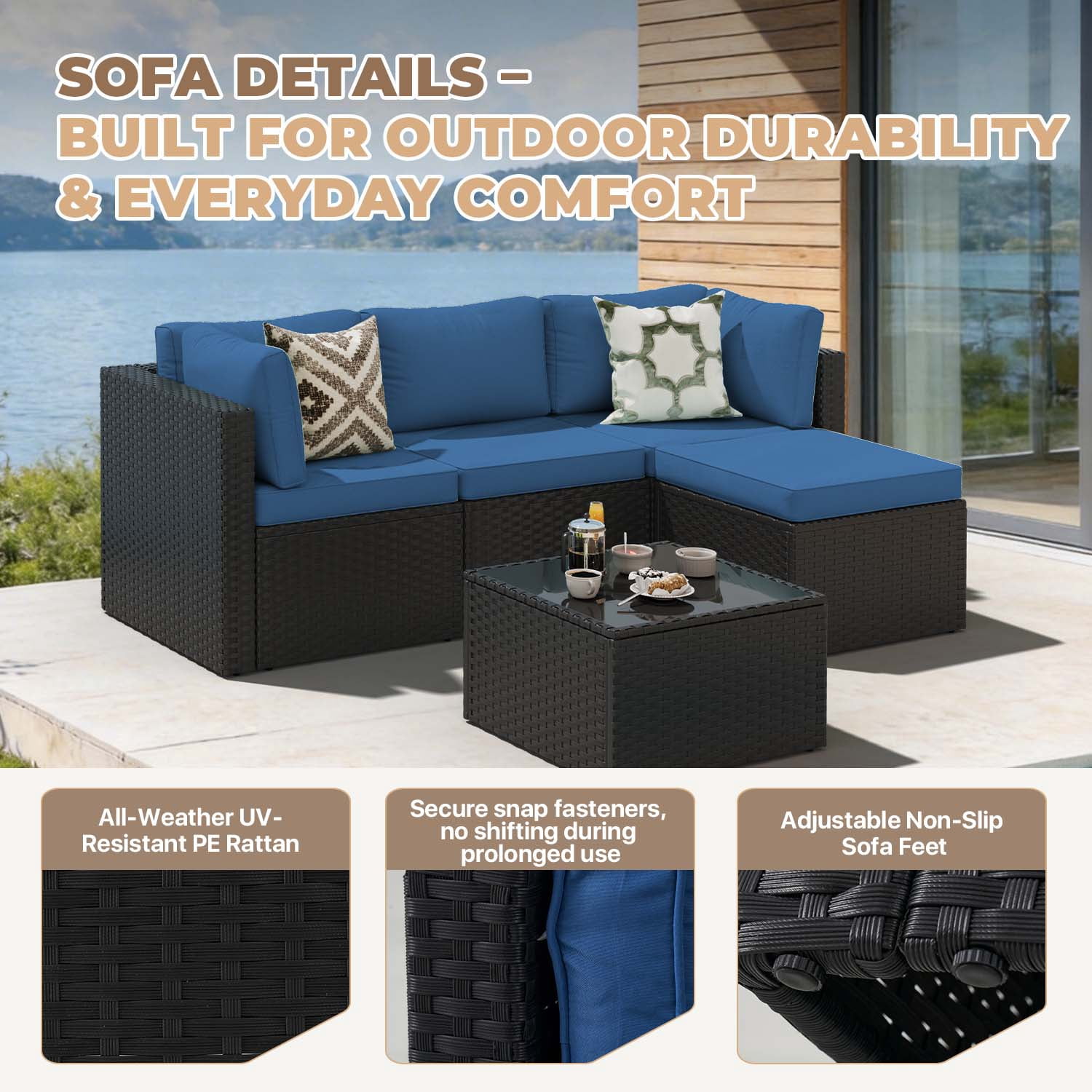 BaPiPro 5 Piece All-Weather PE Rattan Modular Patio Furniture Set, Sectional Conversation Sofa with Thick Removable Cushions & Tempered Glass Coffee Table for Backyard Poolside Garden, Navy Blue