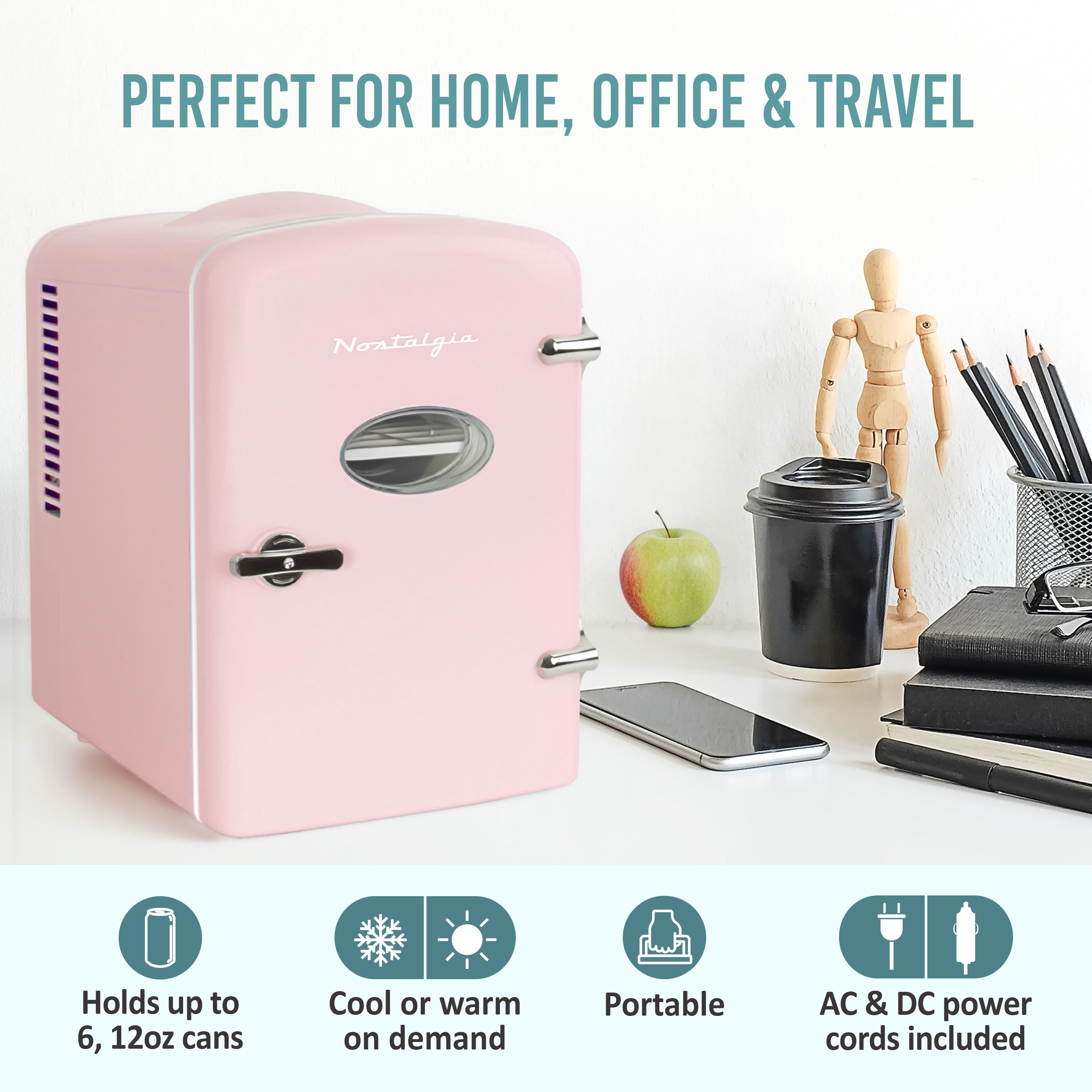 Nostalgia Retro 6-Can Display Fridge & Heater, Pink