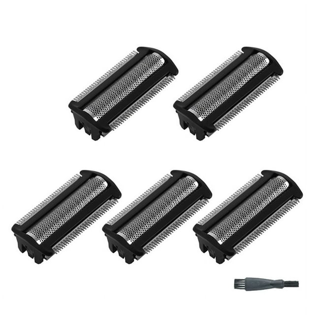 cabezal de afeitadora de repuesto para bodygroom bg2000 bg2024 tt2039 qg3280 bg2025 bg2036 tt2020 2030 juego de 5 cabezales metálicos multicolor con malla de corte y filas de dientes, vista frontal inclinada que muestra la silueta rectangular; incluye cepillo de limpieza pequeño. Uso húmedo y seco; reemplazar cada 6–12 meses.