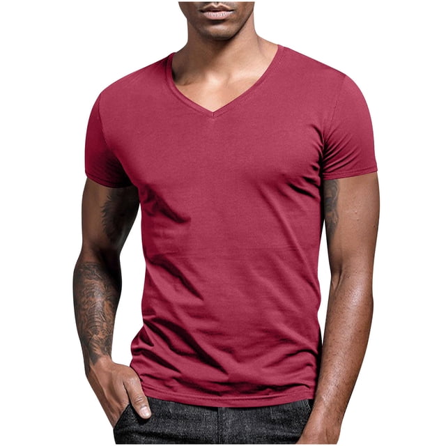 Blusas y camisas de manga corta con cuello en V para hombre, blusas casuales de verano a la moda de color liso con cuello en V y manga corta para hombre.