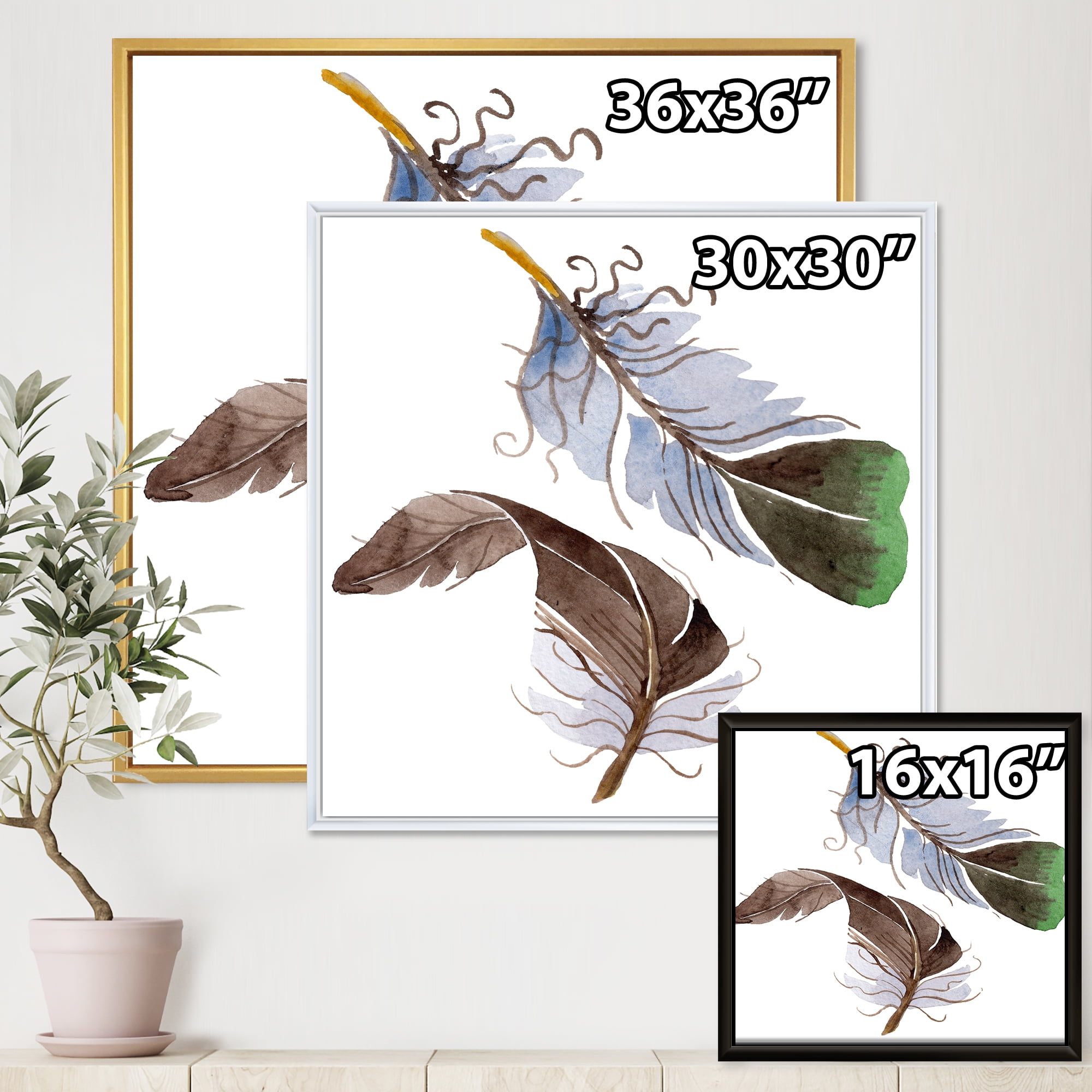 Designart 'Abstract Green Bird Feather From Wing' Bohemian & Eclectic Framed Canvas Wall Art Print