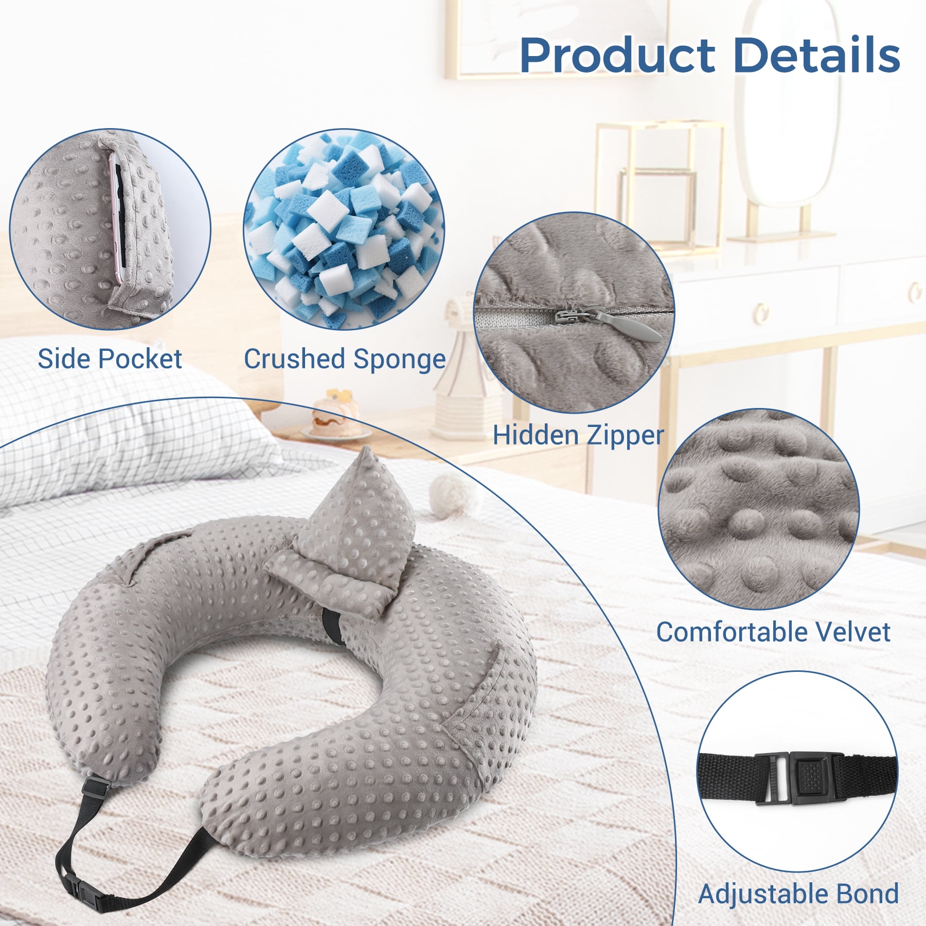 Reading Pillow for Gaming, Lap Desk Pillow for Sitting in Bed or Sofa, Compact Arm Support Pillow for Reading, Playing or Crocheting,  Grey