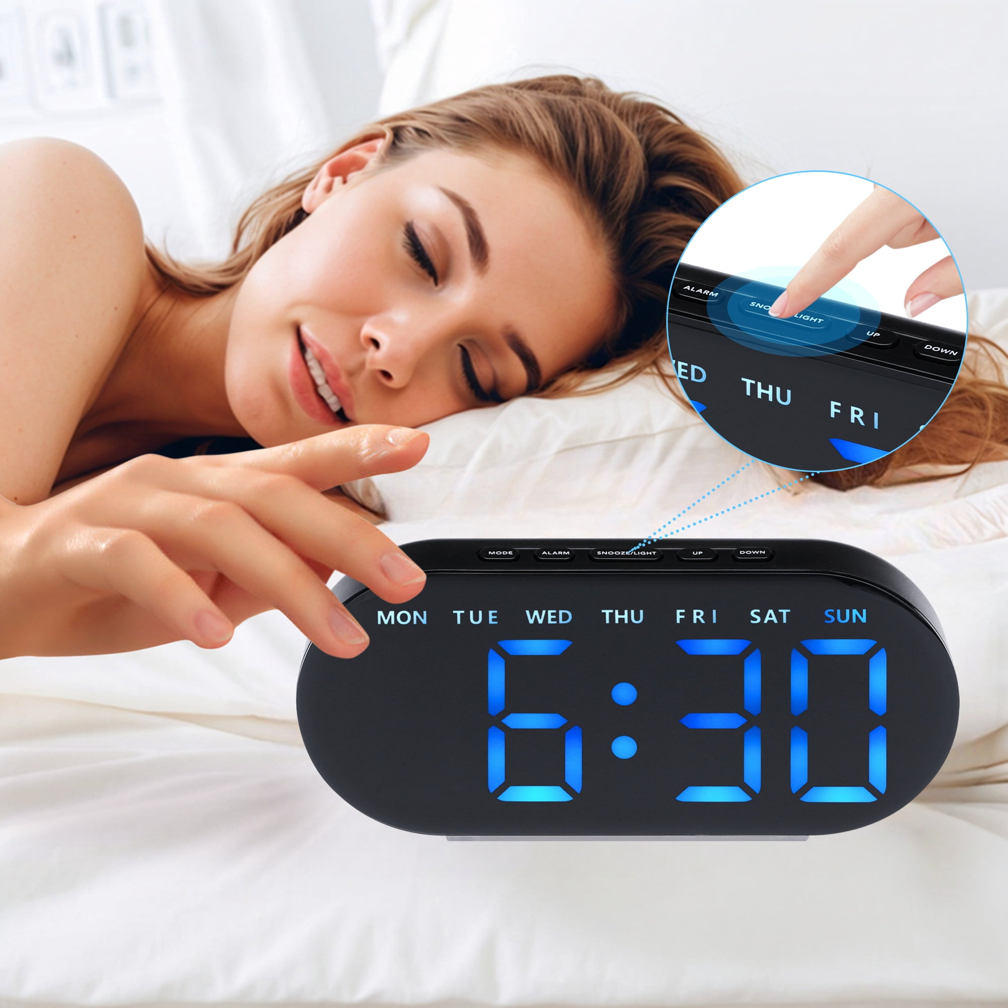 Unique Bargains 2 Pcs Oval Digital Alarm Clock Bedroom Black Blue/White Blue