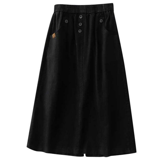 AherBiu Linen Skirts for Women A-Line High Waisted Ruched Loose Button Summer Casual Loose Long Skirt