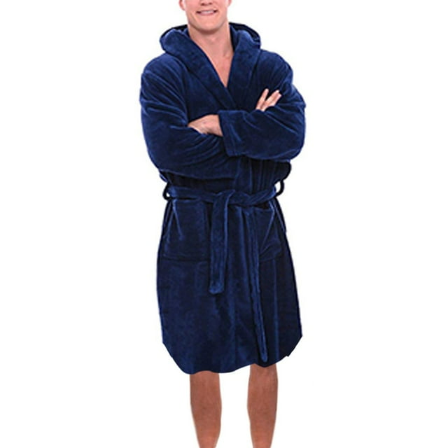 WZXFASHION Men's Winter Plush Lengthened Shawl Bathrobe Home Clothes Long Sleeved Robe Coat Intimates Dark blue XXL