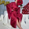 thumbnail image 4 of Robes for Women Satin Ice With Trim Kimono Feather Lace Long Sleeve Women Pjs Sets,Wine,L, 4 of 9