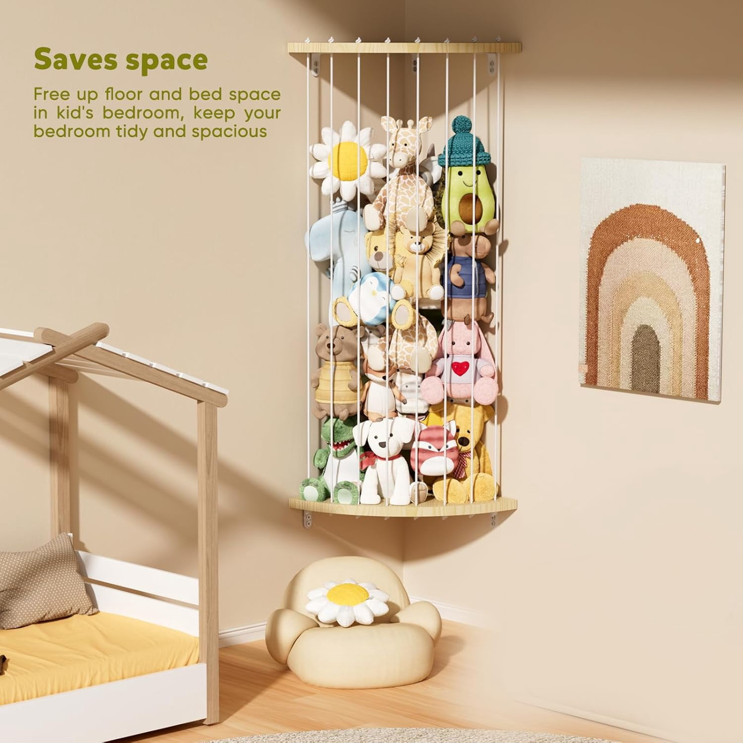 ZYHYPWW Wooden Stuffed Animal Storage Shelf, Star Pattern Adjustable Hanging Plush Toy Organizer, Corner Toy Holder for Kids Bedroom Nursery Playroom