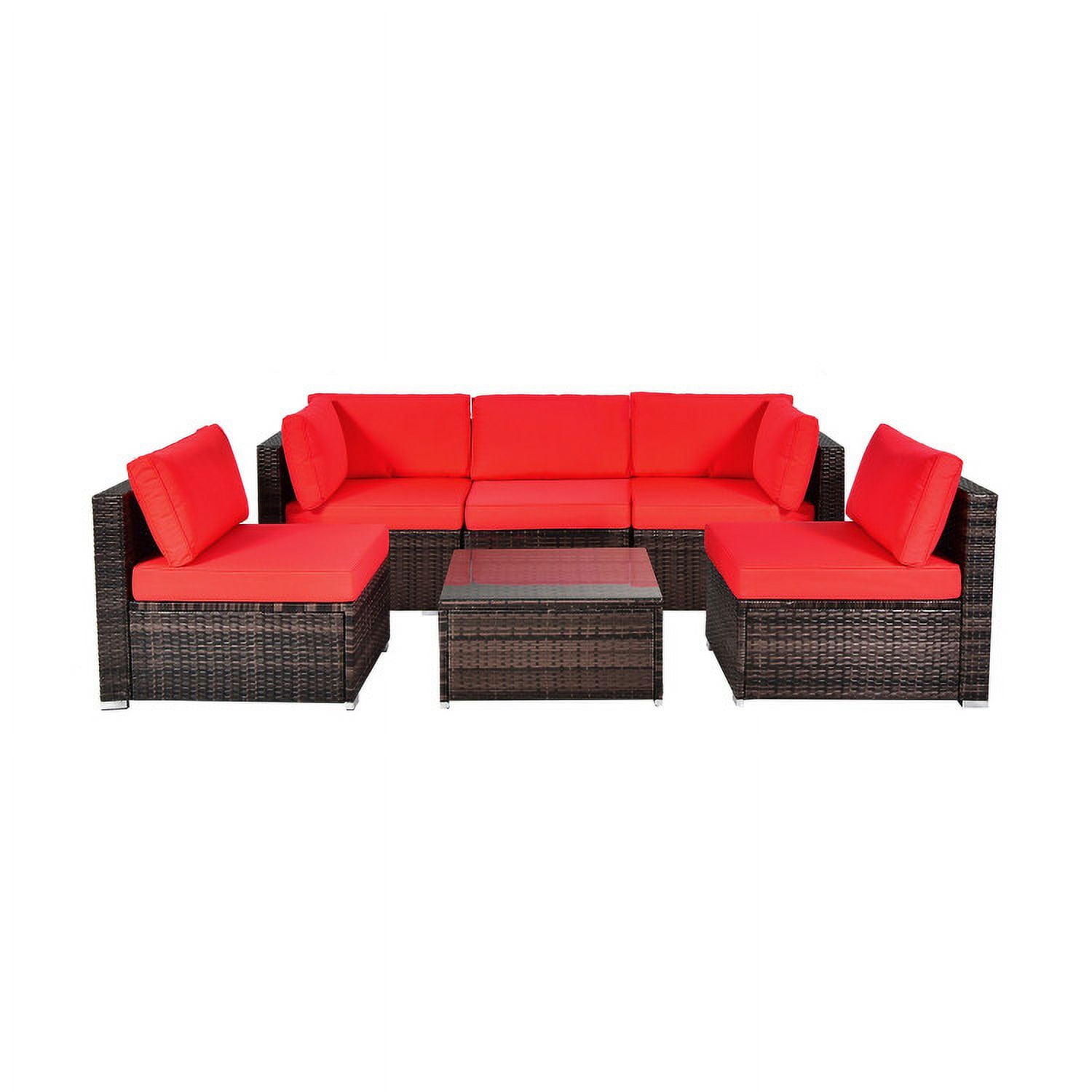 Aimee Lii 6 Pieces Patio Rattan Sectional Furniture Set with Cushions and Coffee Table, Outdoor Deck Furniture, Red Aimee Lii 6 Pieces Patio Rattan Sectional Furniture Set with Cushions and Coffee Table, Outdoor Deck Furniture, Red