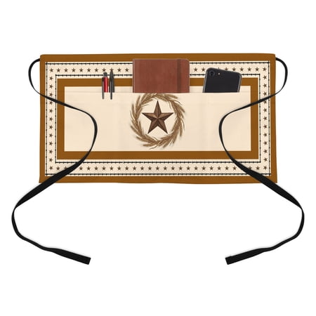 Village Stars Kitchen Restaurant Half Waist Apron, Brown Khaki Western Texas Star Wheat Ears Server Short Apron with 3 Pockets Waterproof Oil Waist Aprons for Women Waitress Waiter