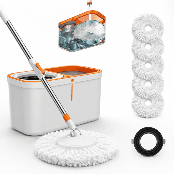 61" Spin Mop And Bucket Set With 5 Refill Heads, White & Orange