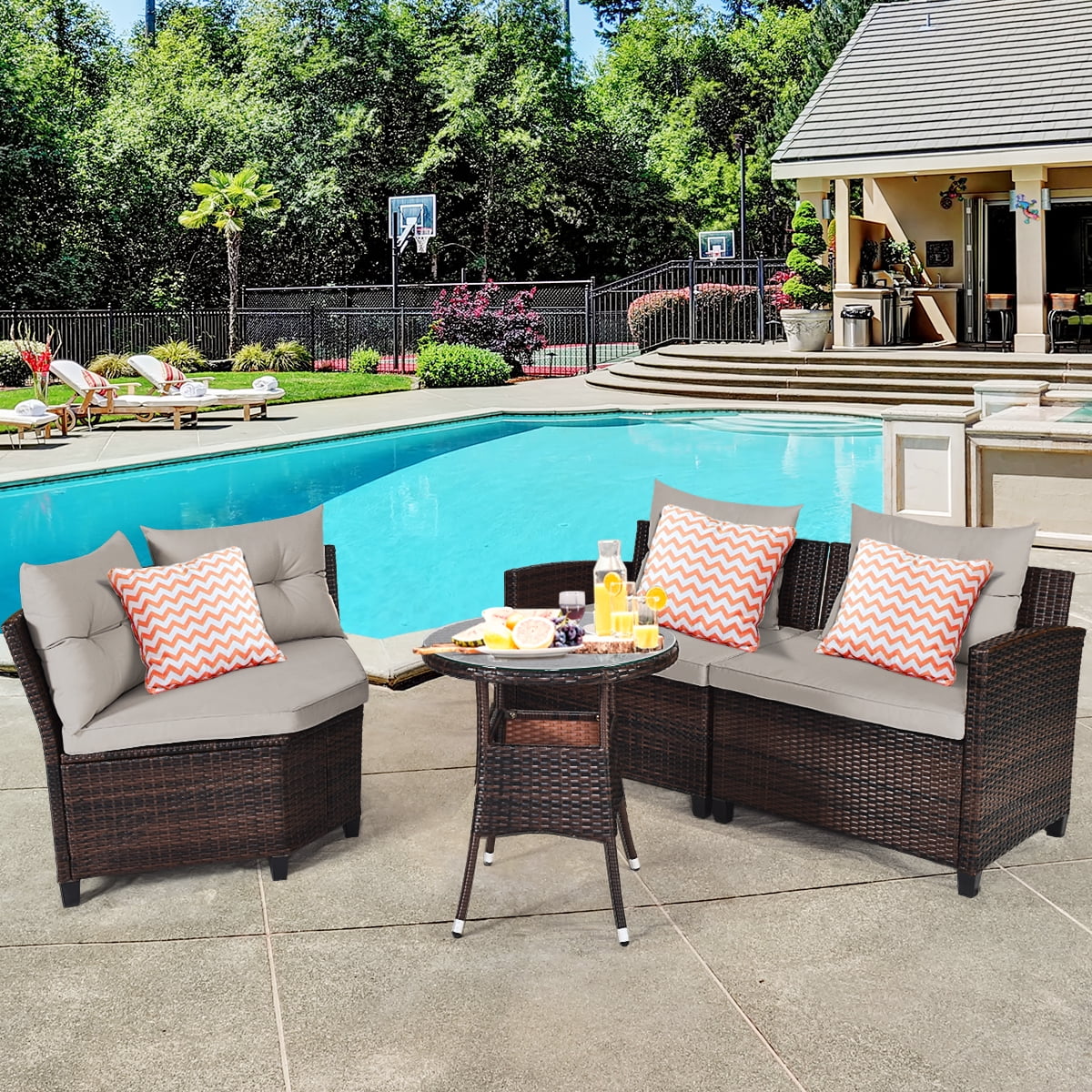 Gymax 4PCS Patio Furniture Set Outdoor Rattan Sectional w/ Cushioned Sofa Table