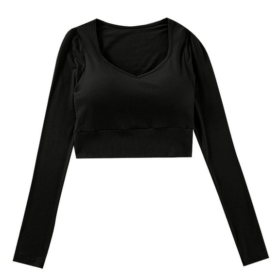 OKSALE Womens Built in Bra Shirts Trendy Cropped Yoga Shirt Scroop Neck Tee Blouses Cozy Long Sleeve Blouse Sports Top Soft Comfortable Tops 2025