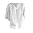 thumbnail image 3 of yunLCZ Womens Long Sleeve Shirts Women's Embroidered Top Cotton Linen Puff Short Sleeve Crewneck Boho Blouse Casual Button Down T Shirts Work Office Casual Blouse, 3 of 3