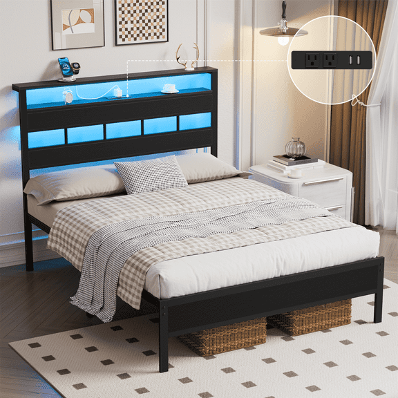 Hexmn Full Bed Frame with Storage Underbed & Headboard, Bed Frame with LED for Bedroom, Niose Free