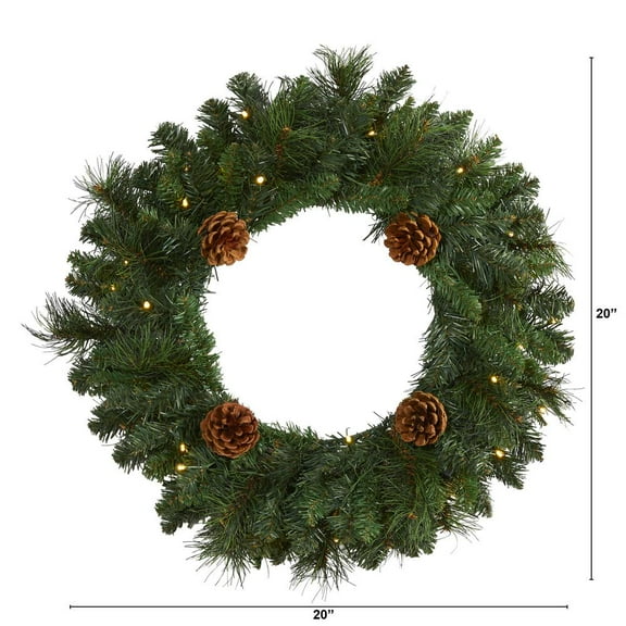Nearly Natural 20in. Pine Artificial Christmas Wreath with 35 LED Lights and Pinecones