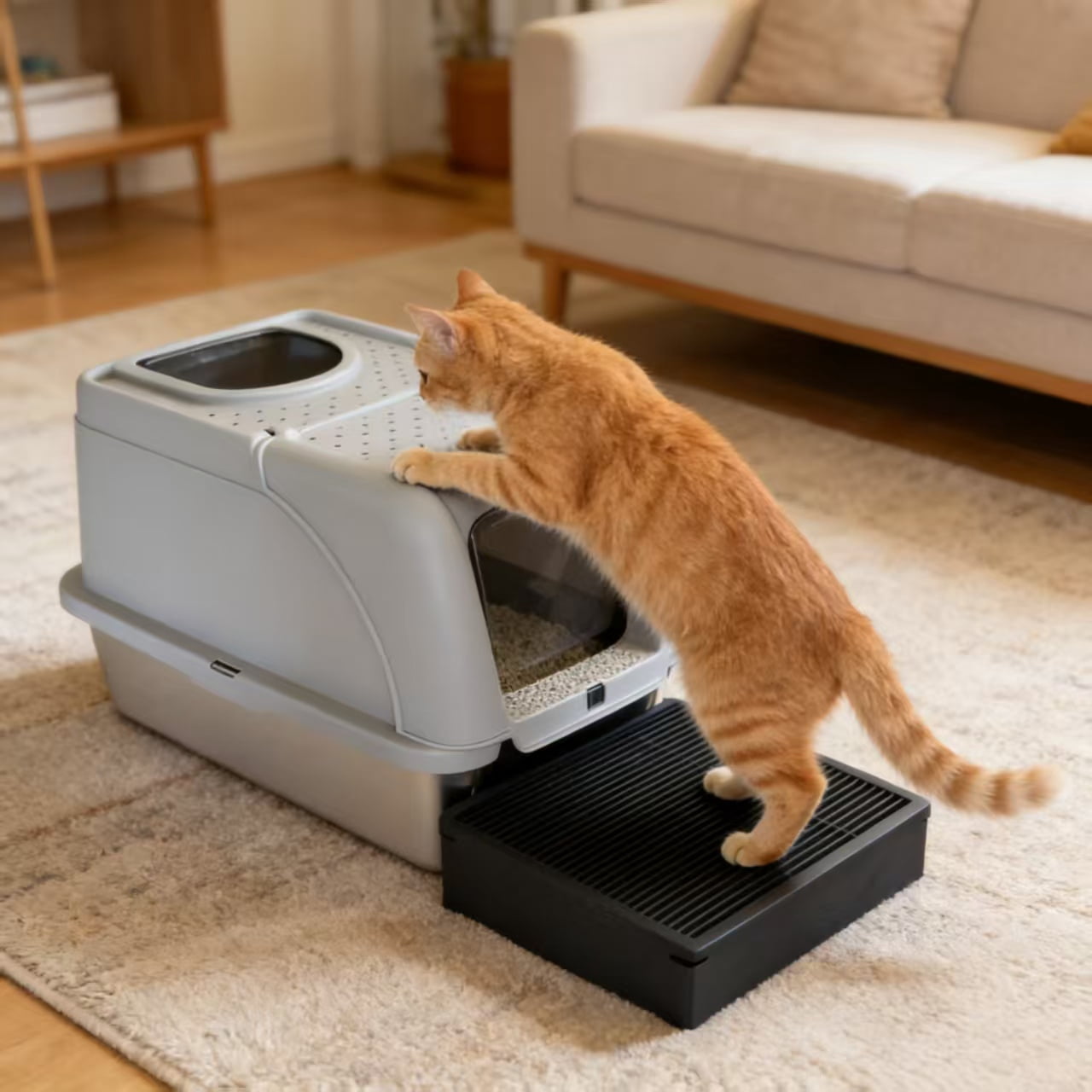 Large Enclosed Cat Litter Box with Integrated Tracking Mat, Dual Entry Hooded Cat Potty with Scoop, High Side Anti-Splashing Litter House for Odor Control, Gray