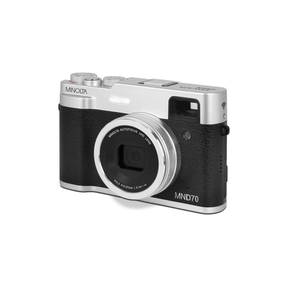 Minolta MND70 Retro 48 MP Autofocus Digital Camera with 5K Ultra HD Video, Rear Selfie Lens & WiFi, Silver