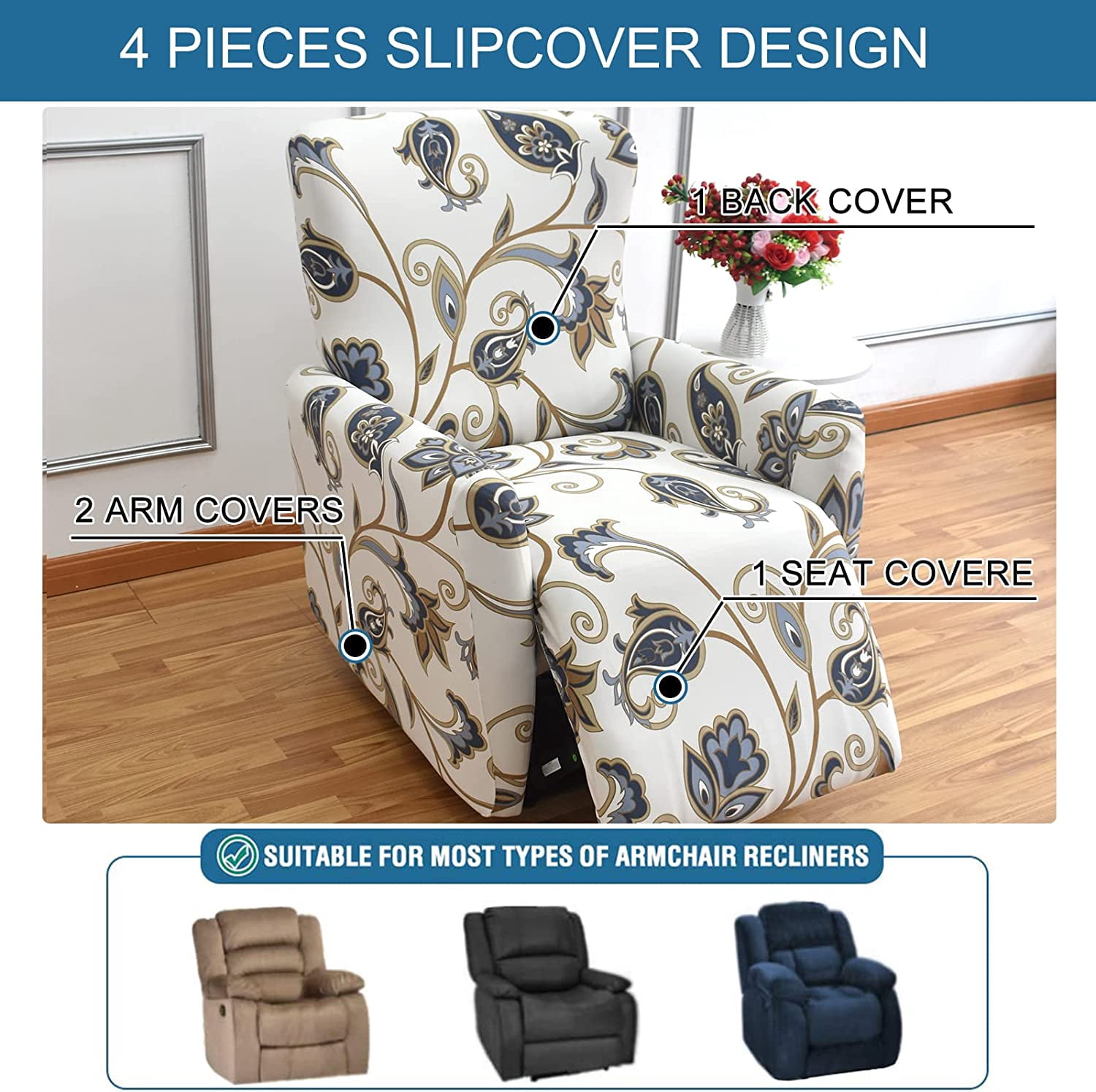 CHUNTIAN Stretch Recliner Slipcovers Printed Sofa Cover 4-Piece Fallon Collection Slipcover Lazy Boy Chair Covers Furniture Protector Recliner Chair Cover with Storage Pocket for Living Room, A2
