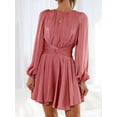 thumbnail image 2 of Cenuakty Women Spring Casual A-line Dress Solid Color Round Neck Long Lantern Sleeve Dress Fashion Back Tie-Up Mini Dress, 2 of 7