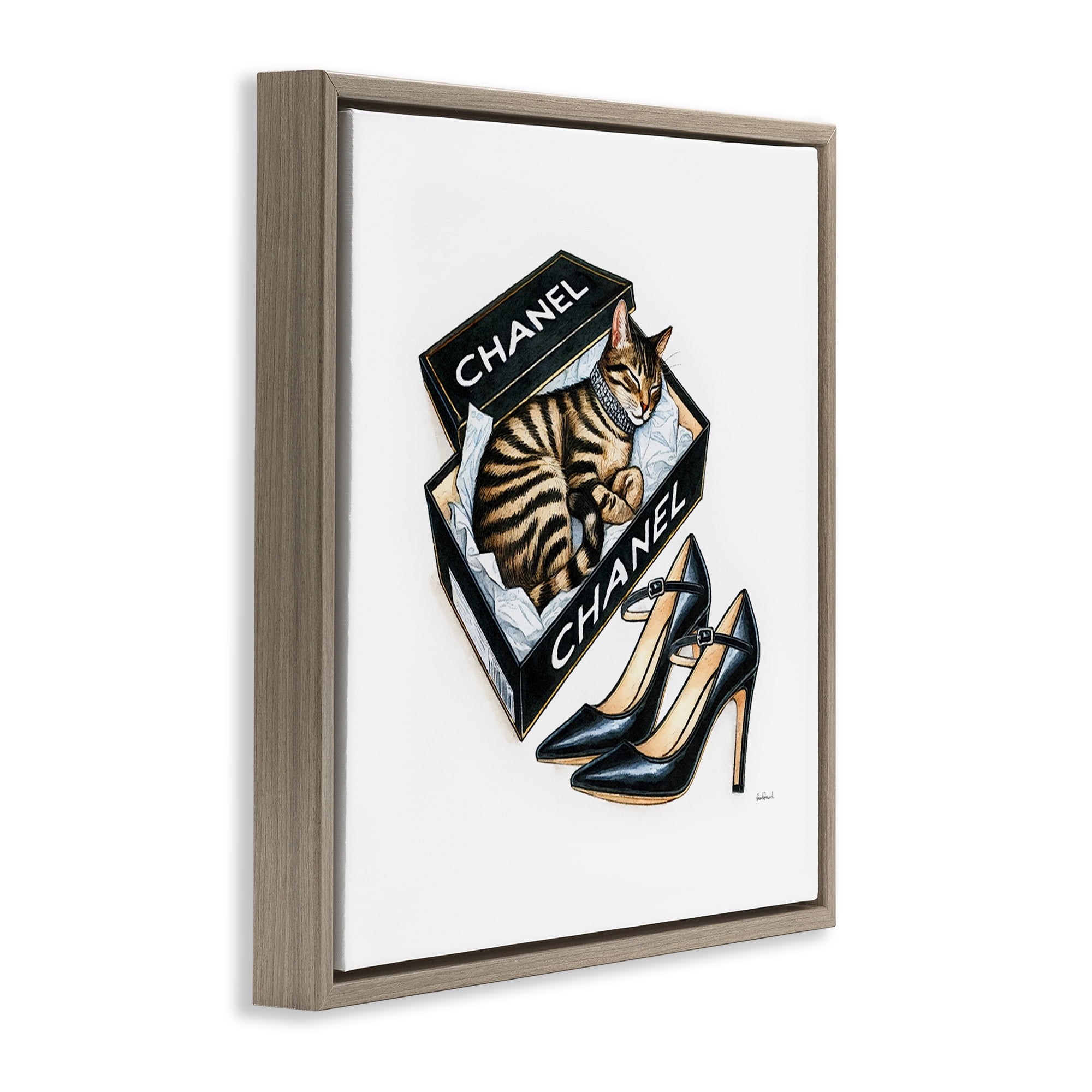 Stupell Industries Sleeping Cat in Shoe Box Animals Painting Brown Floater Framed Canvas Art Print Wall Art, 18 x 18