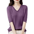 thumbnail image 2 of BRDFRL Women Summer Knit Shirt Blouse V Neck Short Sleeve Pullover Sweater Tops Purple 3XL, 2 of 5
