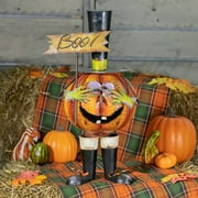 Metal Bouncy Pumpkin Jack-O-Lantern Figurine with a Top Hat and Boo Sign