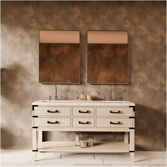 JERFIT 60" White Oak Double Sink Bathroom Vanity Set with Quartz Countertop, Chrome Faucet & Wall Mirrors