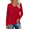 thumbnail image 2 of DHFJKG Women's V Neck Long Sleeve T Shirt Casual Workout Yoga Top Solid Color Loose Fit Basic Tee Spring Fall Stylish Tops, 2 of 5