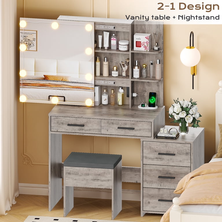 Ktaxon Vanity Set with Lighted Mirror and Stool, Adjustable Lights, 5 Drawers, Retro Gray