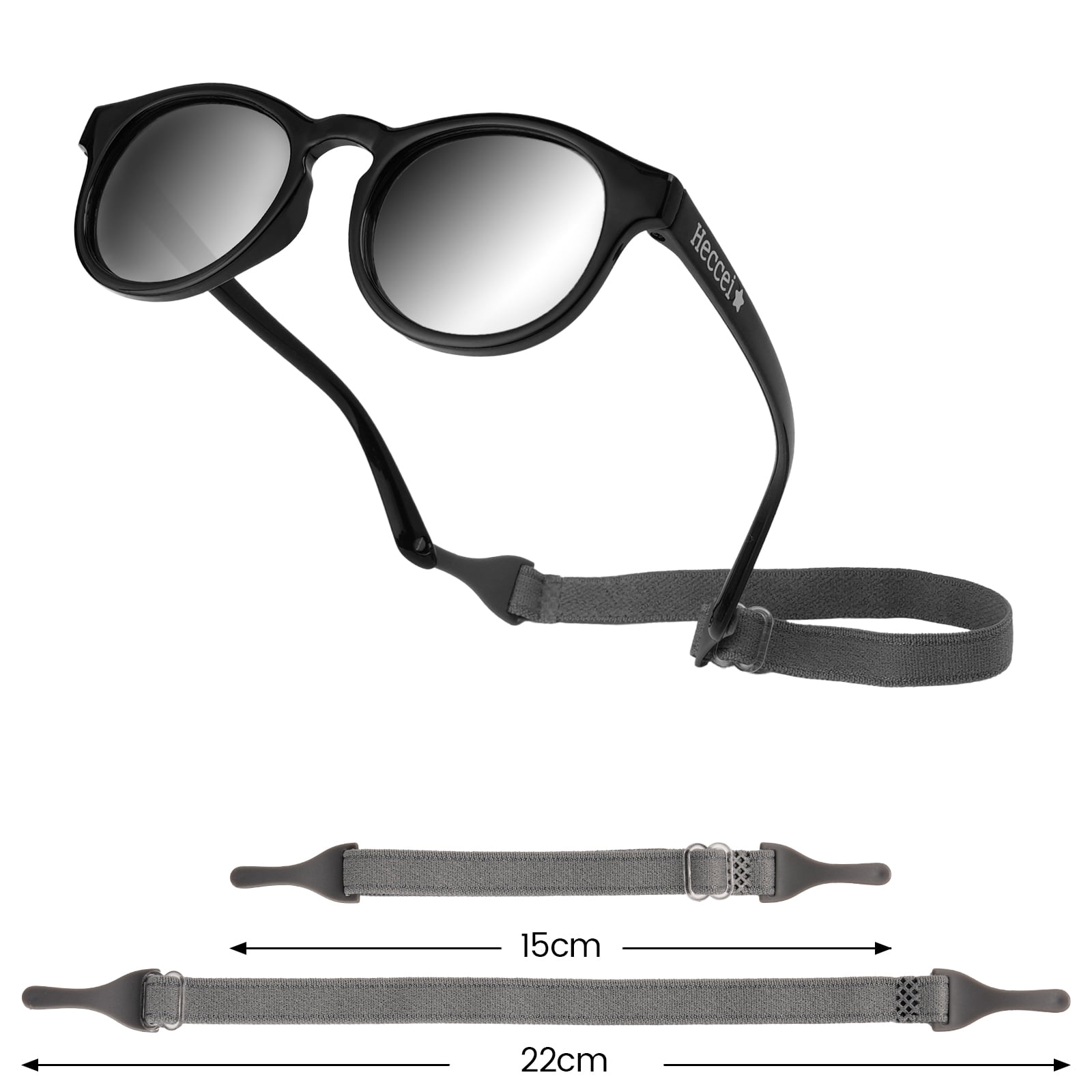 HECCEI Pebblie Baby Sunglasses with Strap - UV 400 Polarized Sunglasses, Ages 0-2 Black