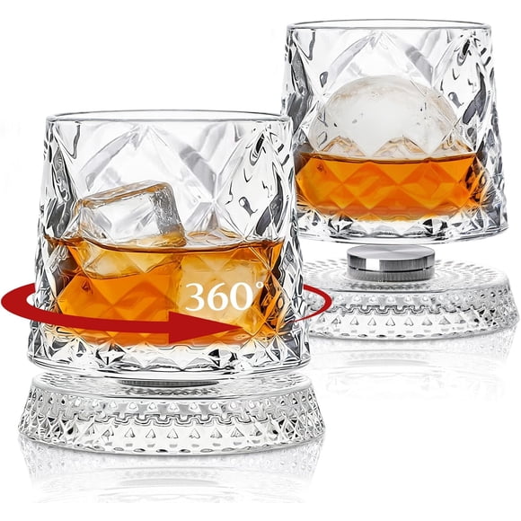 9oz Spinning Whiskey Glasses, Rotating Old Fashioned Tumblers, Crystal Clear Rocks Glass for Scotch Bourbon Cocktails(B)