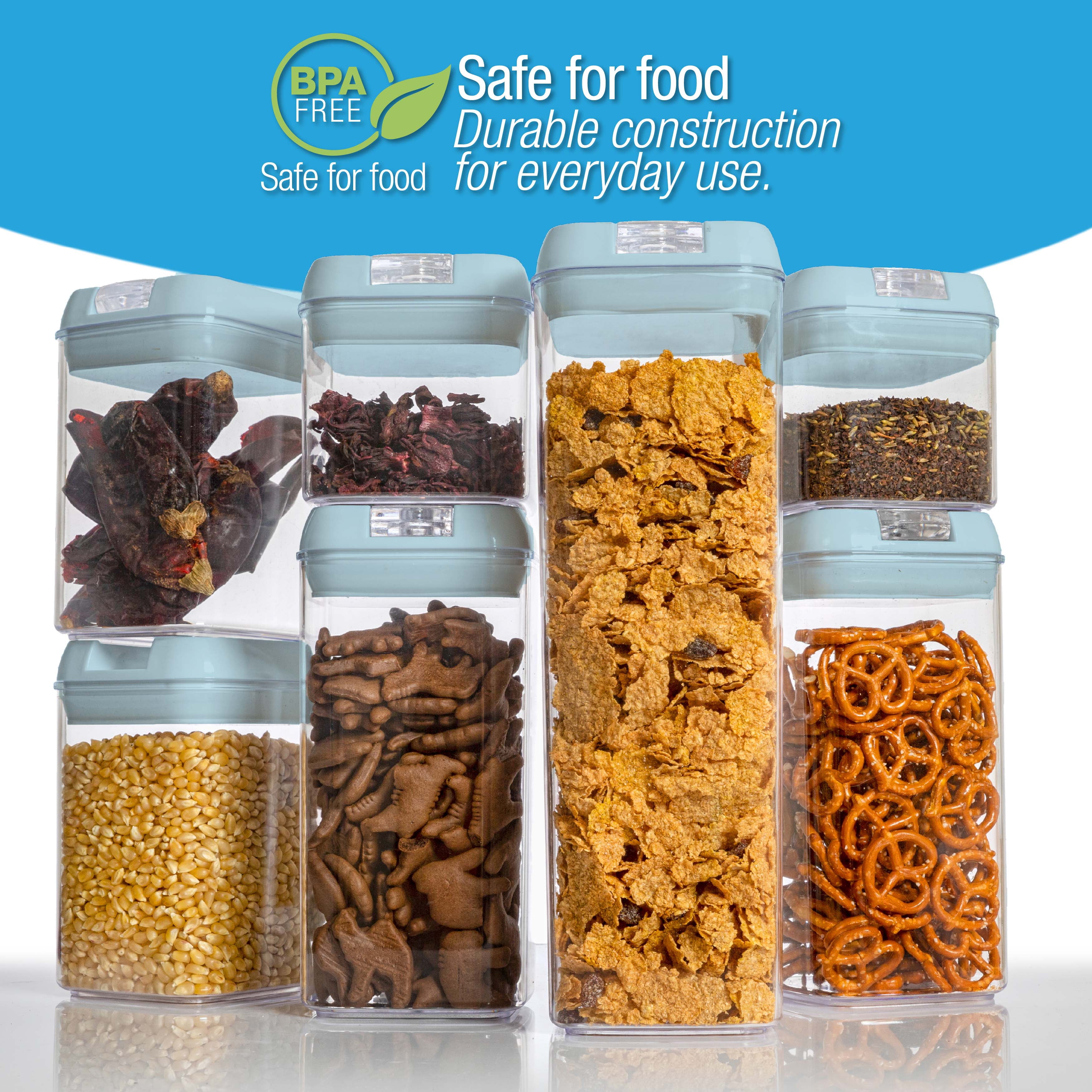 Cheer Collection Airtight Food Storage Containers and Pantry Organizer Bins, Includes Dry Erase Marker and Labels, Set of 7 (Blue)