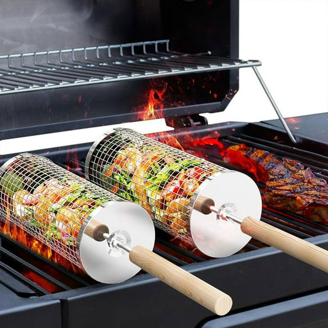 Panier-gril Roulant de 9,5 Pouces en Forme Ronde avec Poignée en Bois Amovible, Acier Inoxydable 304, Filet de Cuisson Emboîtable, Accessoires et Outils pour BBQ Légumes Crevettes, Cadeau de Camping pour Cuisson Extérieure