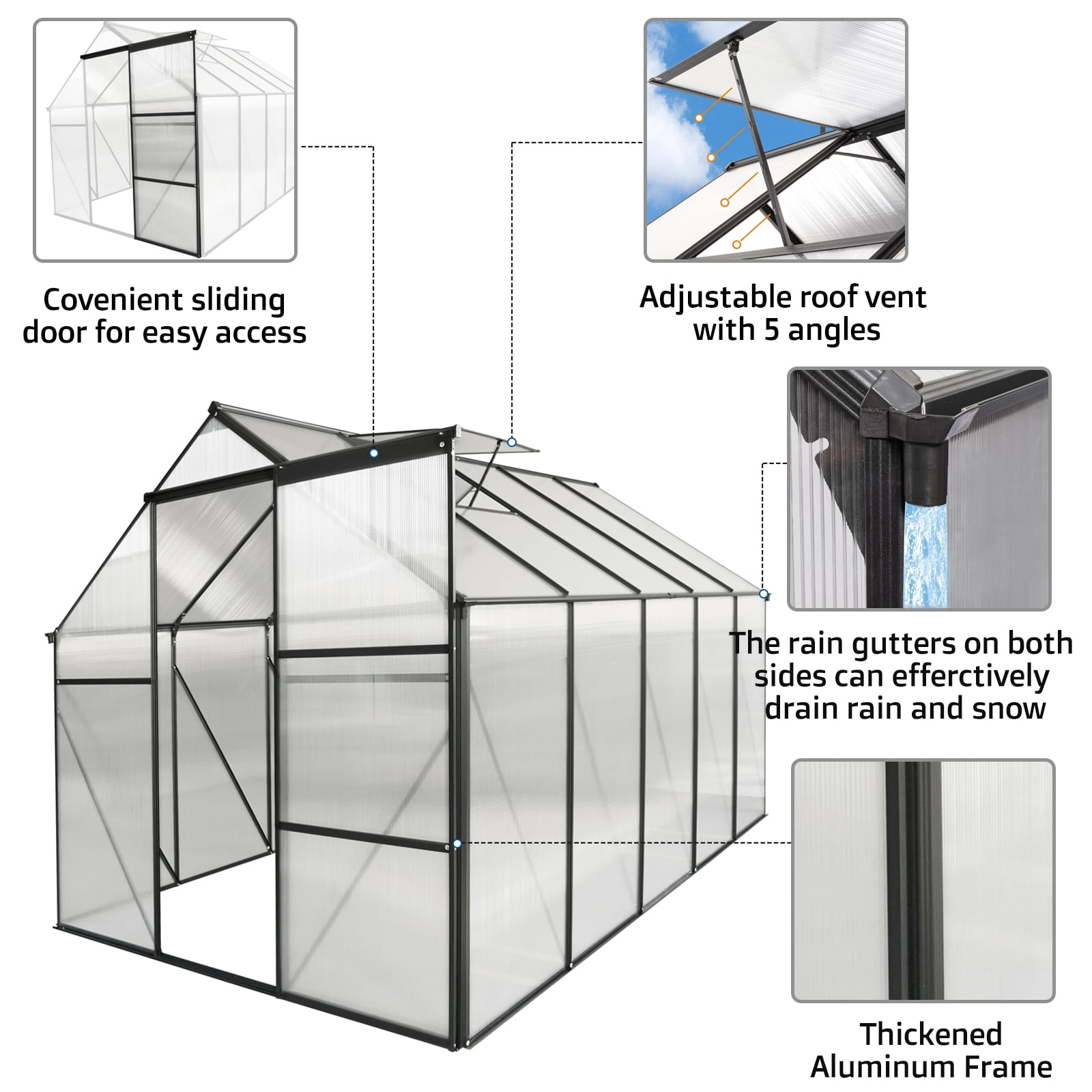 YANSHE 6x10 FT Walk-in Greenhouses, Polycarbonate Greenhouse With Drainage System, Galvanized Base, Sliding Door, Adjustable Roof For Outdoor Backyard