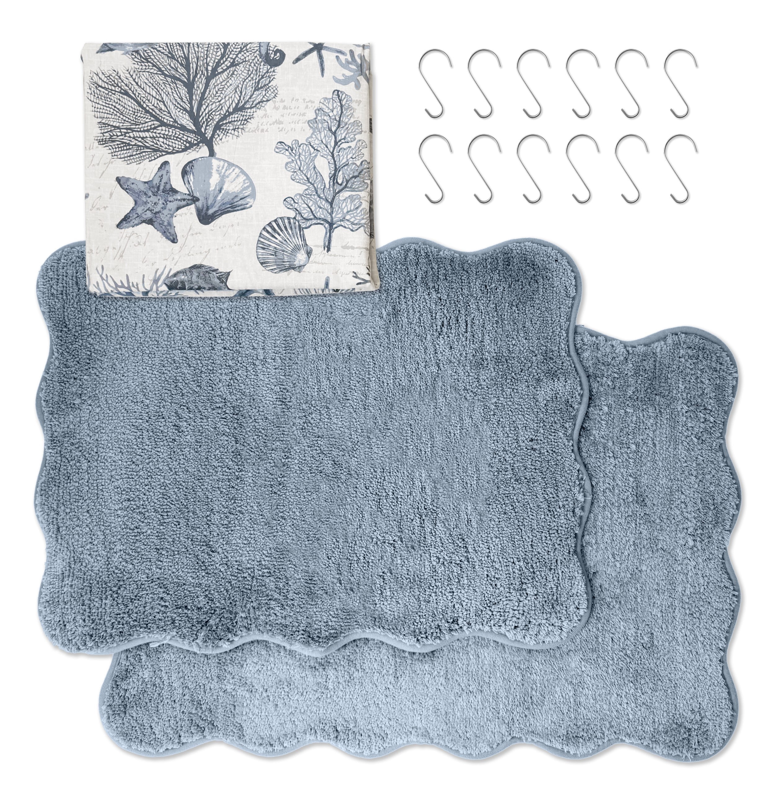 Mainstays 15-Piece Blue Coastal Bathroom Set – Beach-Inspired Shower Curtain, Bath Rugs & Hooks, Washable Ocean Decor