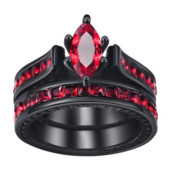 GY Black Gold Plated Marquise cut Red AAA CZ 2pcs Womens Wedding Ring Sets Bridal Sets