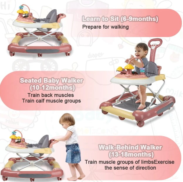 Developmental Walkers For Babies, Foldable Baby Walker, Adjustable Height With Interactive Toys, Pink