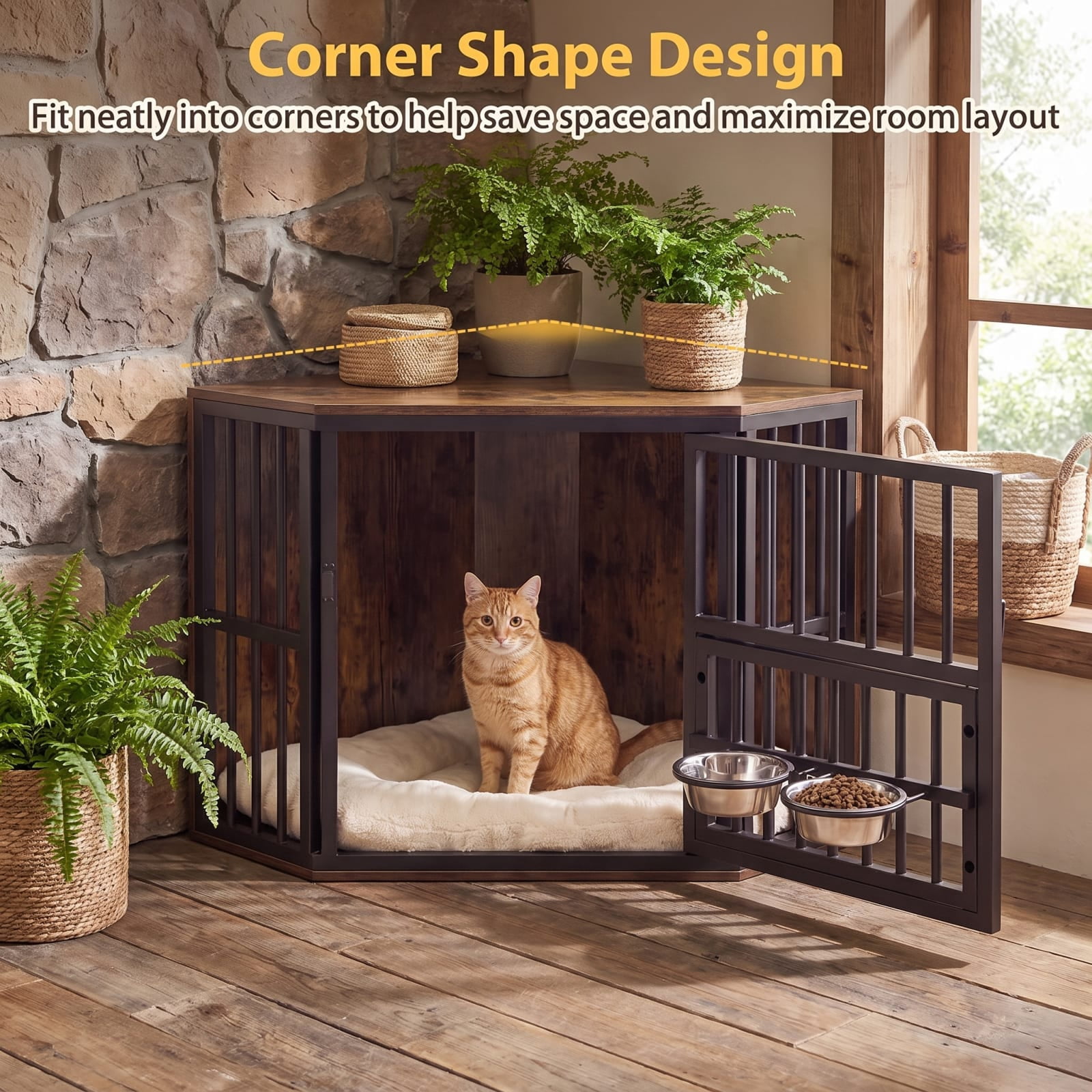 Vebreda Dog Crate Furniture, 35.5 inches Wooden Dog Kennel End Table with 3-Position Dog Bowl Rack, Space-Fit Corner Shape Design