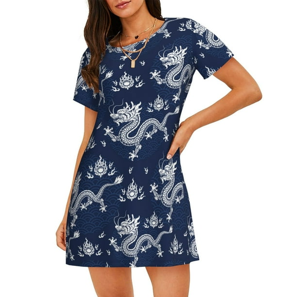 Fotbe Dragon Bata de Dormir para Mujer con Estampado, Camisón de Algodón de Manga Corta, Ropa de Dormir Casual